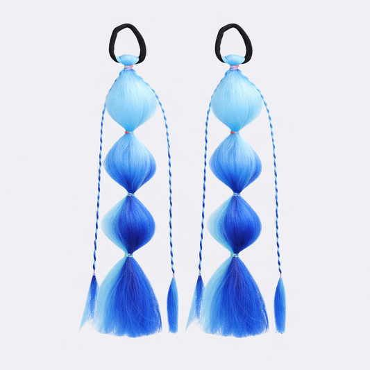 Two blue hair extensions with black rubber bands on a white background