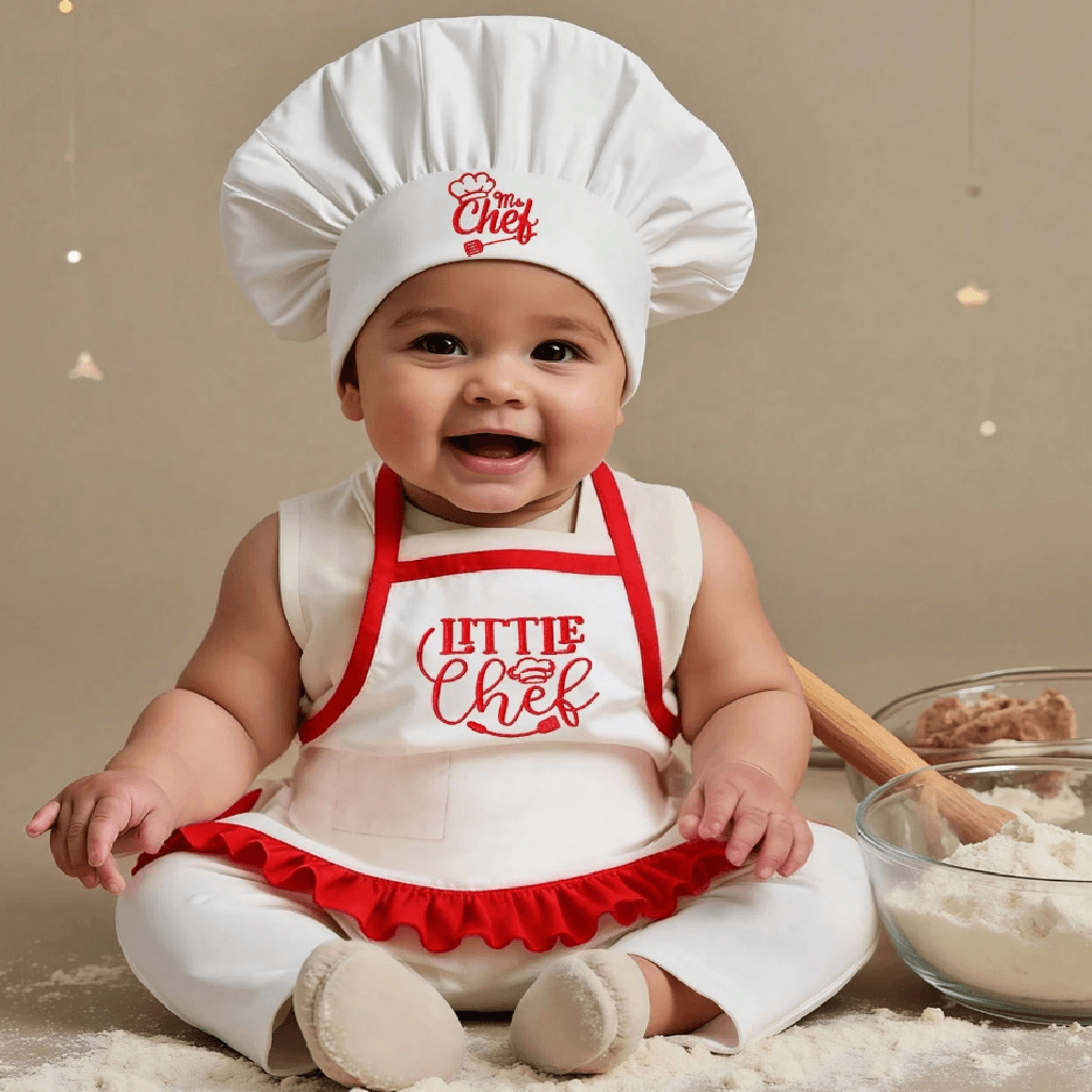 Baby wearing a 'Little Chef' apron and hat with flour and wooden spoon in the background