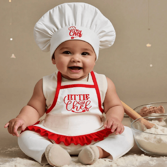 Baby wearing a 'Little Chef' apron and hat with flour and wooden spoon in the background