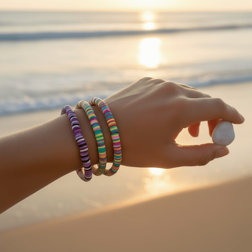 Hand wearing colorful bracelets on a beach at sunset