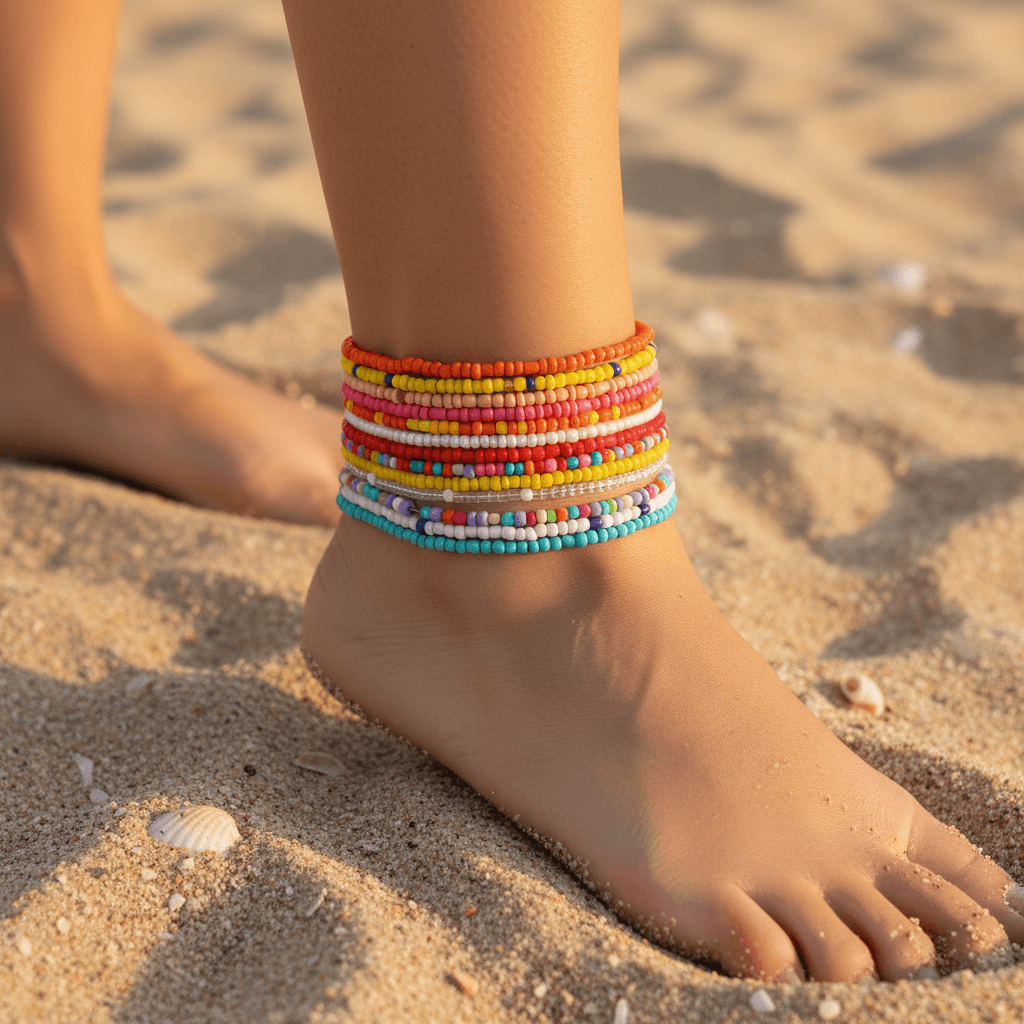 A close-up of a person's ankle and foot wearing a stack of colorful beaded anklets on sandy beach ground.