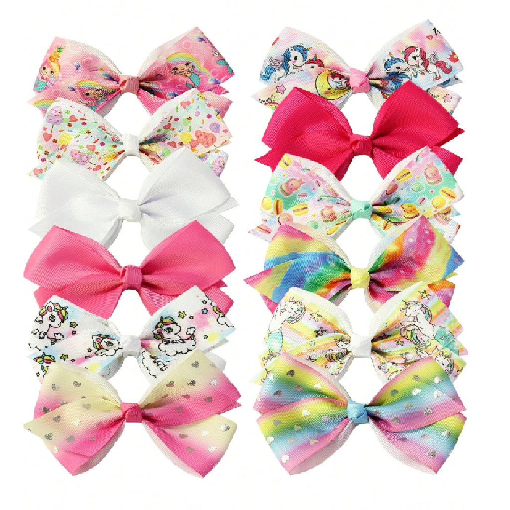 Set of colorful hair bows with various designs on a white background