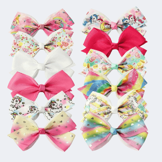 Set of colorful hair bows with various patterns on a white background