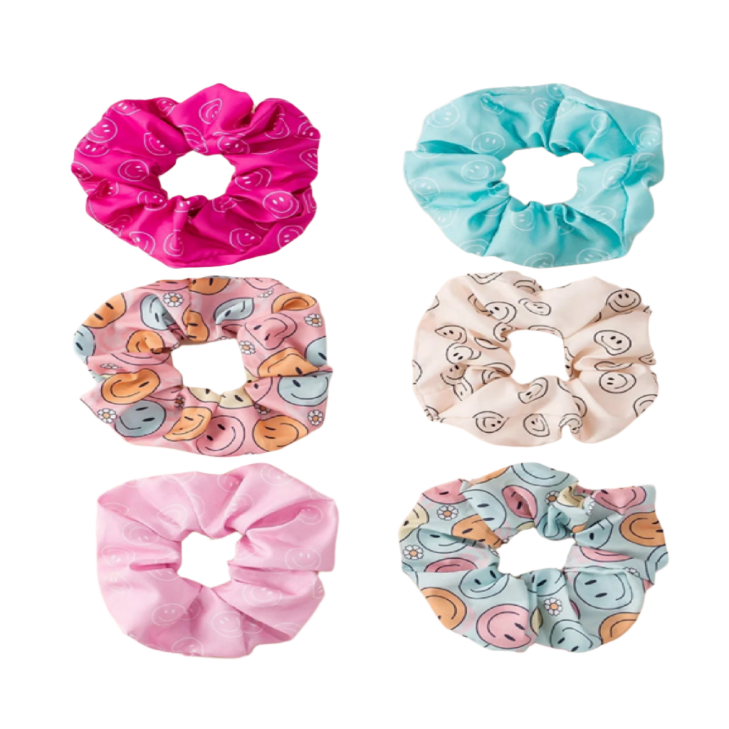 Set of six colorful scrunchies