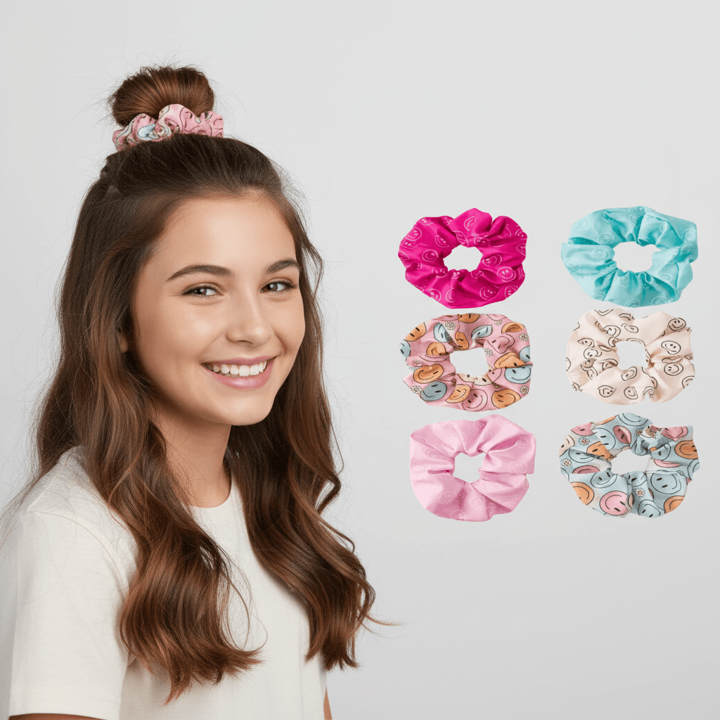 A smiling young woman with long brown hair models a pink scrunchie, with six additional scrunchies shown on the right against a light gray background.