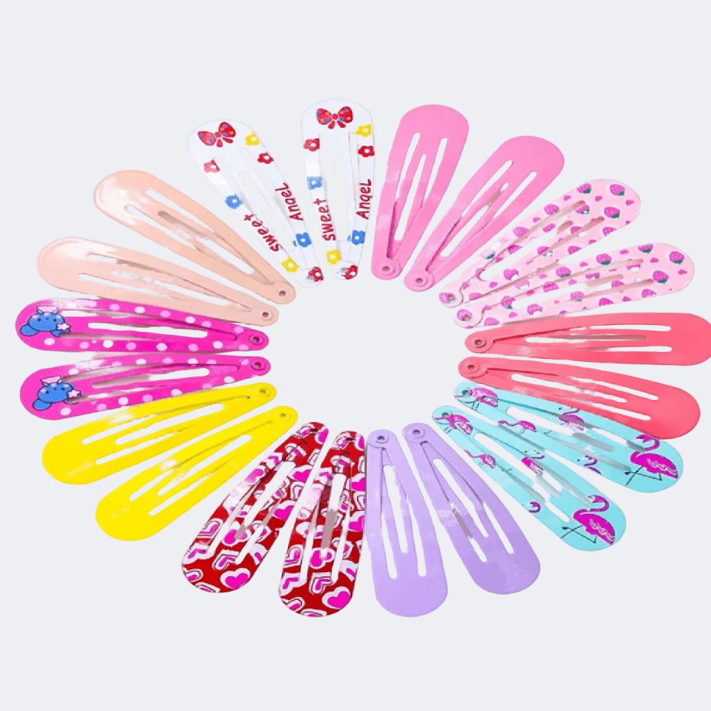 Colorful hair clips arranged in a circular pattern on a white background
