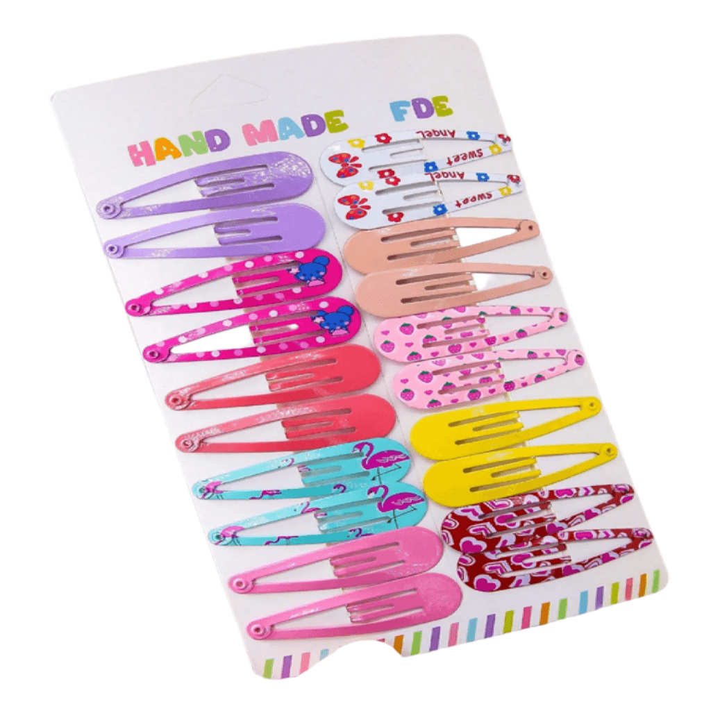 Colorful hair clips on a white card with 'Hand Made FDE' text