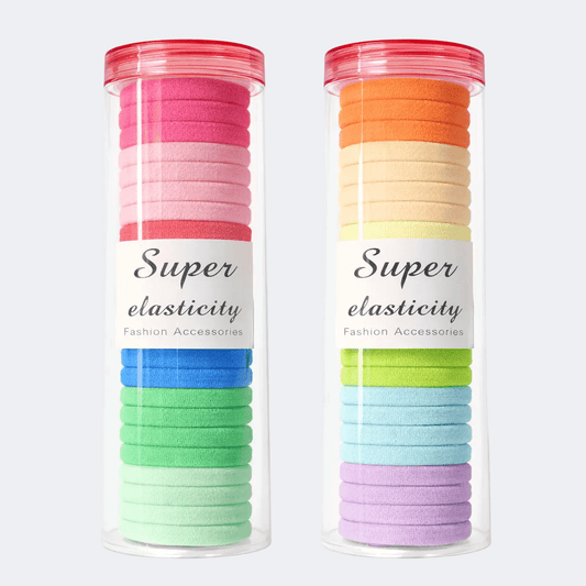 Two clear cylindrical containers with colorful hair ties labeled 'Super elasticity' held by a hand.