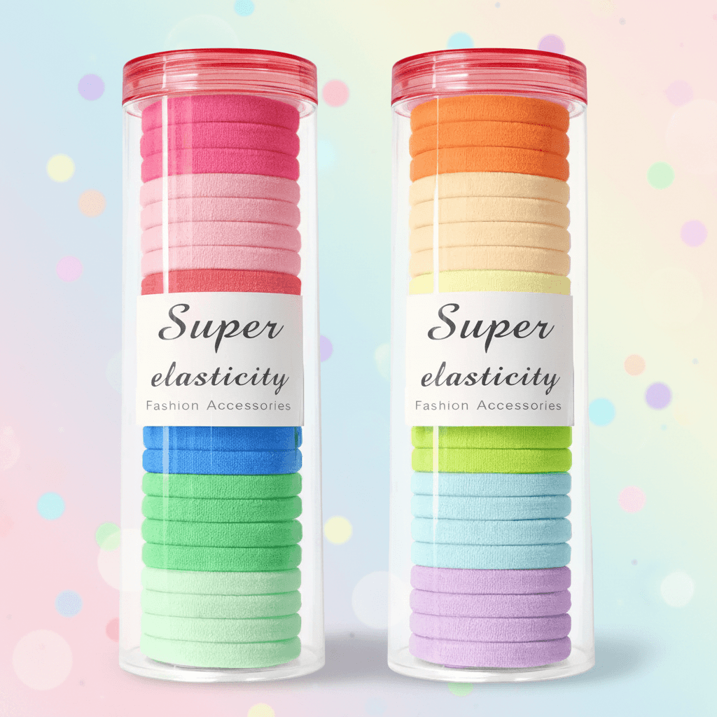 Two tubes of colorful hair ties with 'Super elasticity' label on a light background