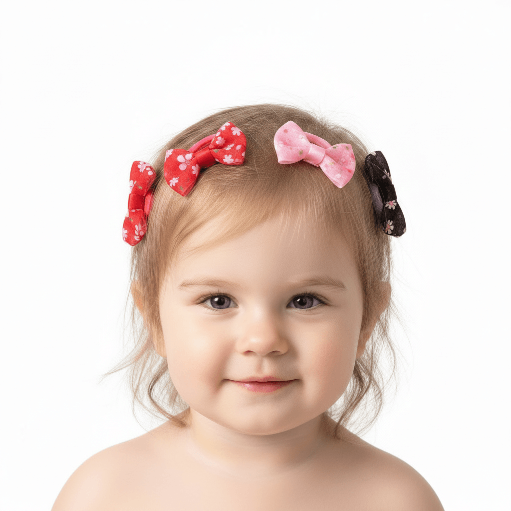 Colorful hair ties with floral designs on a beige surface