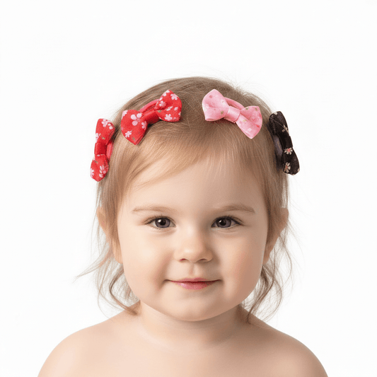 Colorful hair ties with floral designs on a beige surface
