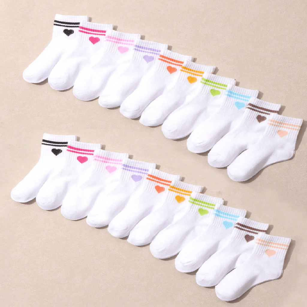 Two rows of white ankle socks arranged on a beige background, each with a different colored striped cuff and small heart detail.
