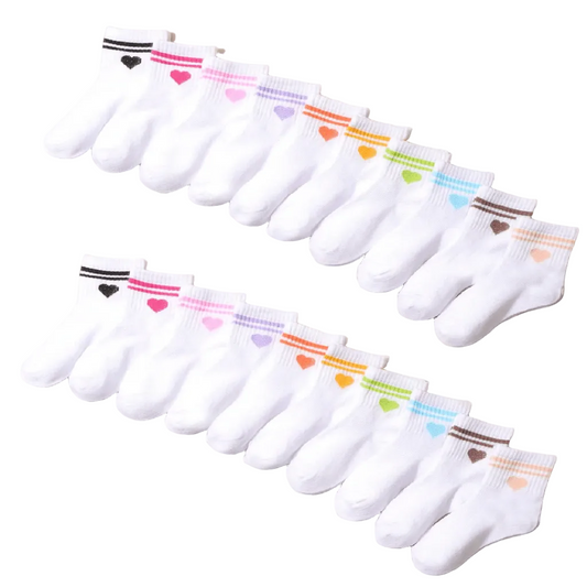 Two rows of white ankle socks arranged on a beige background, each with a different colored striped cuff and small heart detail.
