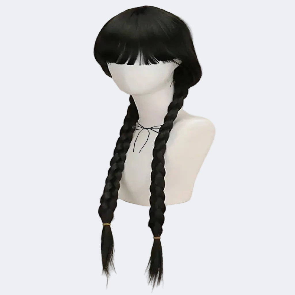 Black wig with braided pigtails on a mannequin head against a beige background