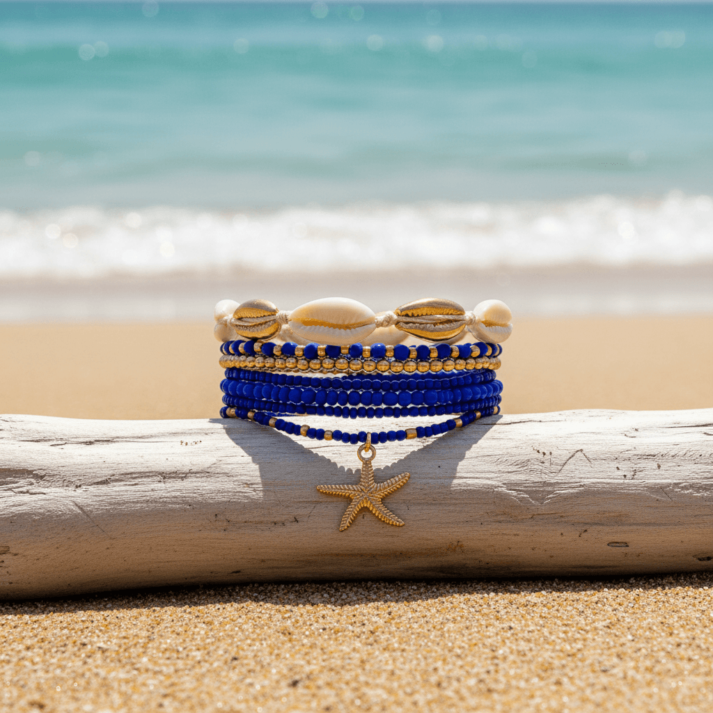 A stack of beaded bracelets with shell and starfish charms rests on a driftwood log on a sandy beach with the ocean in the background.