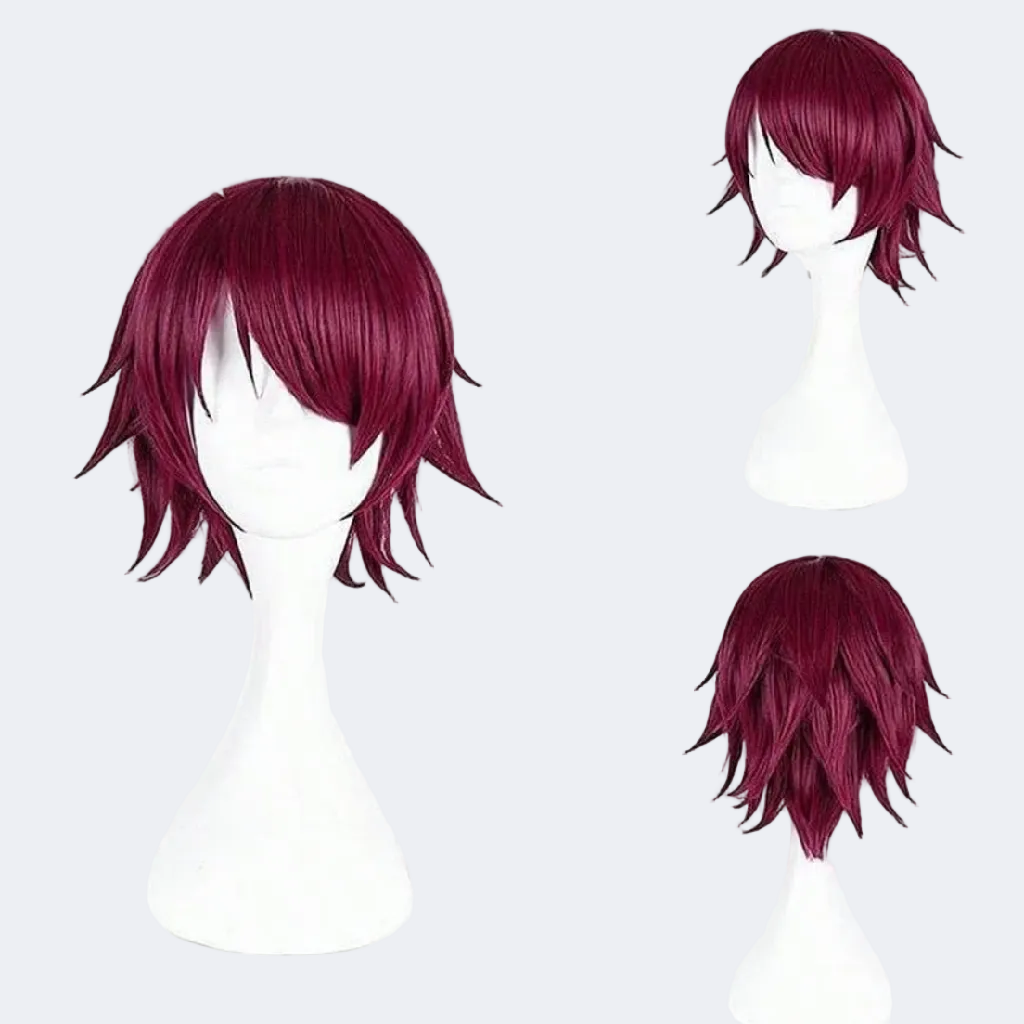 Red wig displayed on a mannequin head with front, side, and back views against a white background.