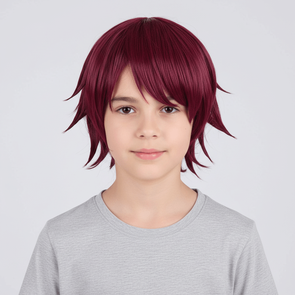 Red wig displayed on a mannequin head with front, side, and back views against a white background.