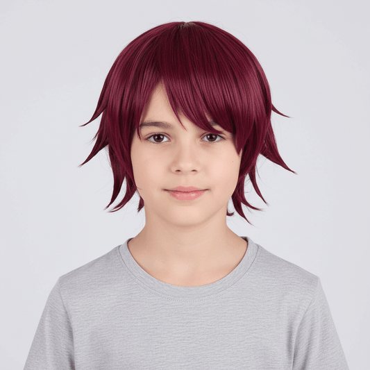 Red wig displayed on a mannequin head with front, side, and back views against a white background.