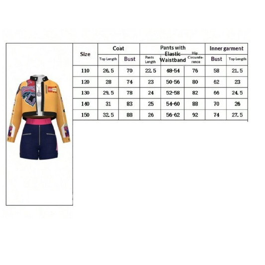 Colorful outfit with size chart on a white background