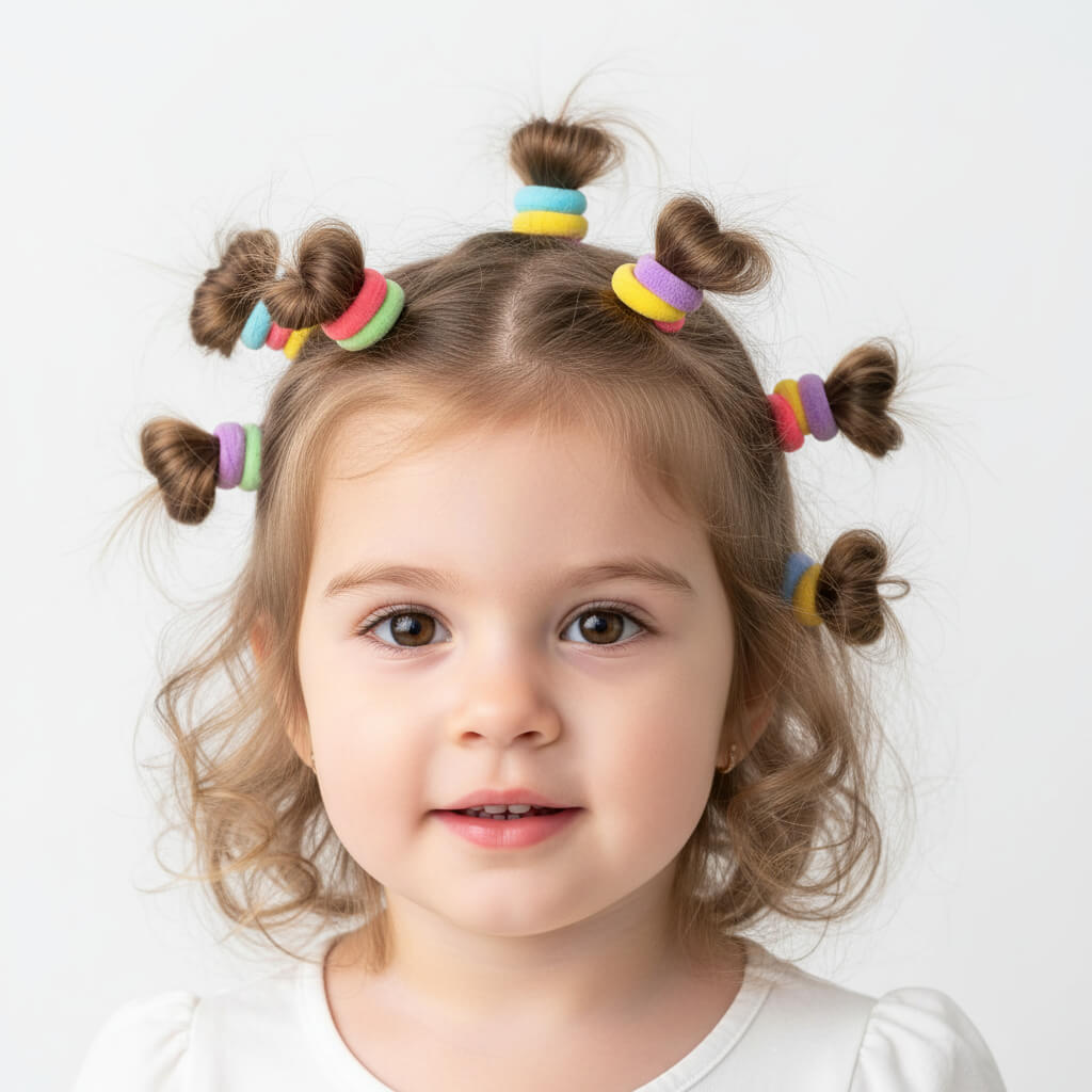 A young girl with light brown hair styled in multiple small buns and curls, each secured with colorful elastic hair ties in pastel shades of yellow, blue, green, pink, and purple, against a plain white background.
