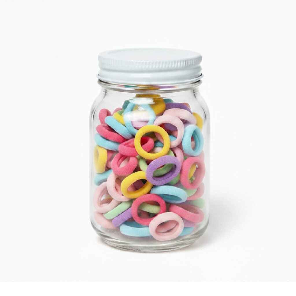 A clear glass jar with a white screw-top lid filled with pastel-colored ring-shaped hair ties, photographed on a clean white background.