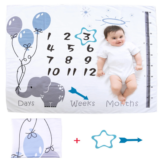 Baby milestone blanket with elephant and balloons design, featuring a baby's photo and numerical markers.