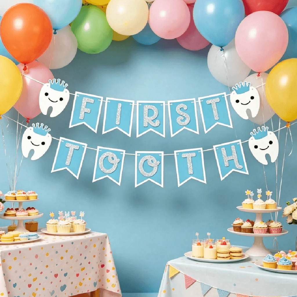 First tooth celebration with balloons, banner, and dessert table against a blue wall.