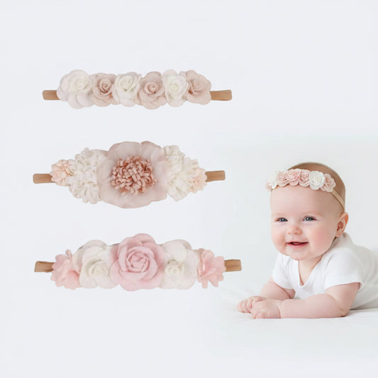 Three floral headbands in different colors