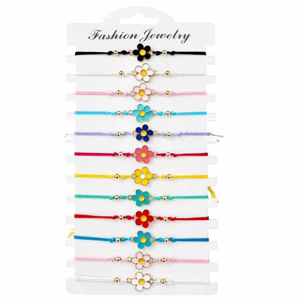 Set of colorful bracelets with floral designs on a white card labeled 'Fashion Jewelry'.