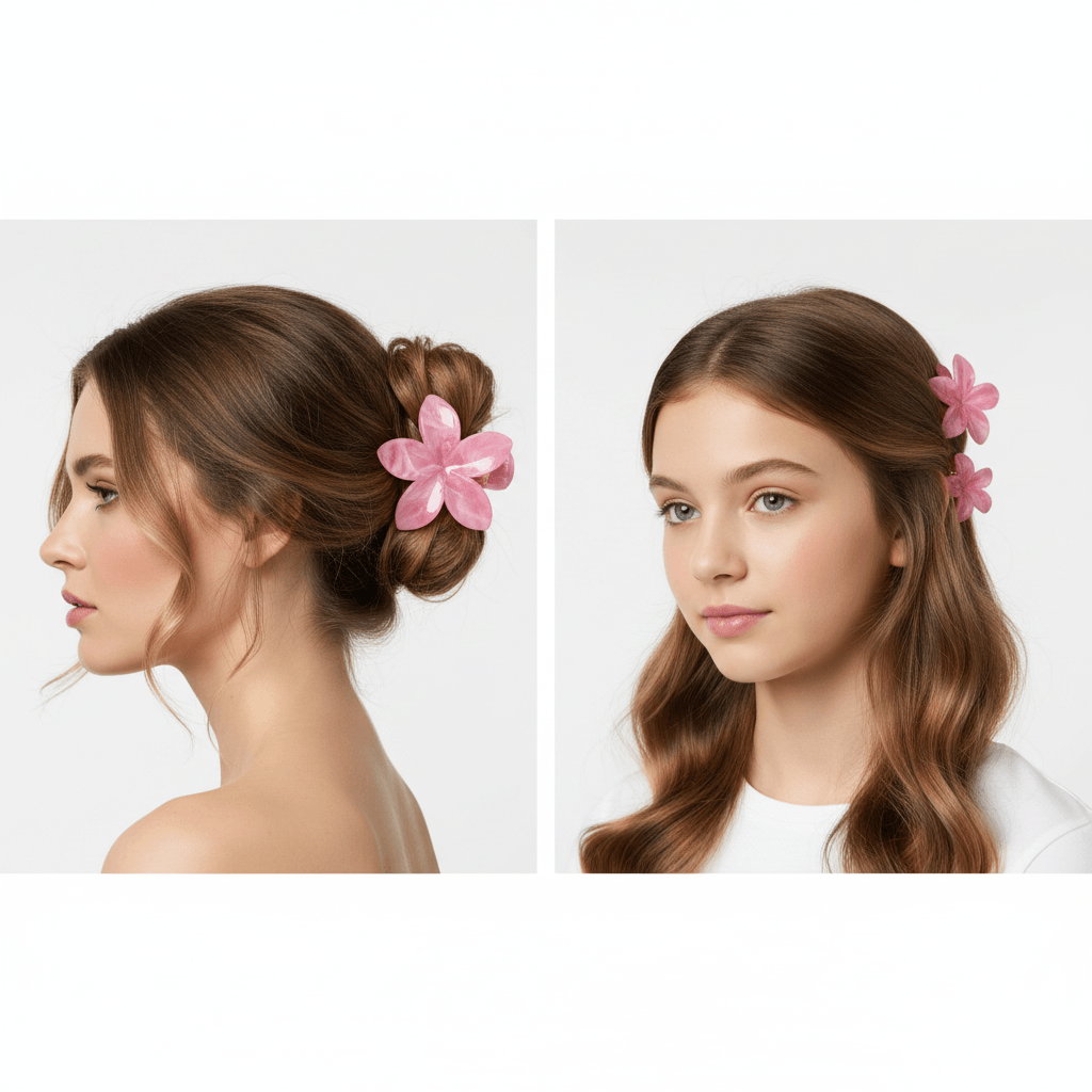 Two views of a woman with a pink hair accessory in her hair on a white background