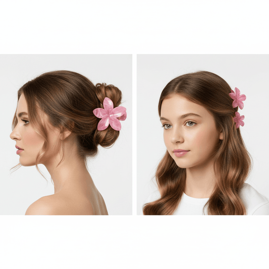 Two views of a woman with a pink hair accessory in her hair on a white background