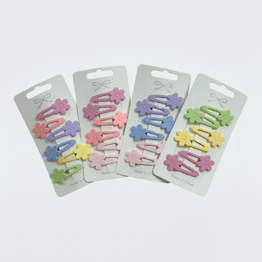 Set of colorful hair clips on their packaging with a white background