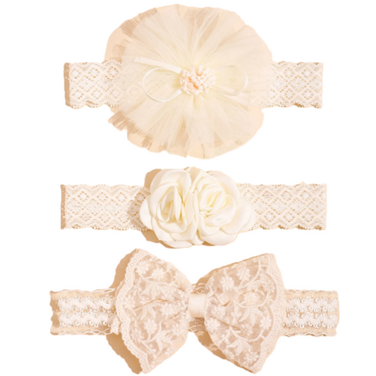 Set of three lace headbands with floral and bow designs