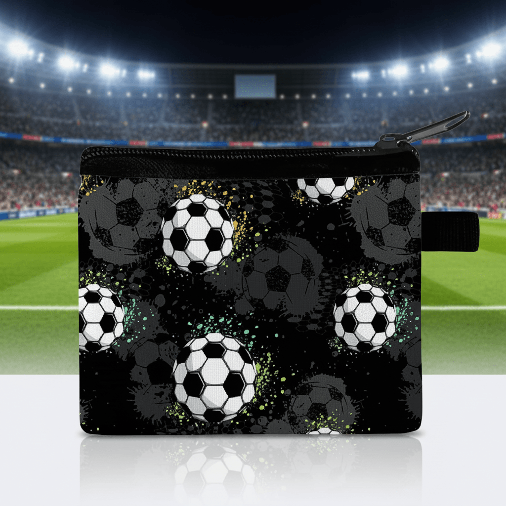 Pouch with soccer ball design on a background of a soccer stadium