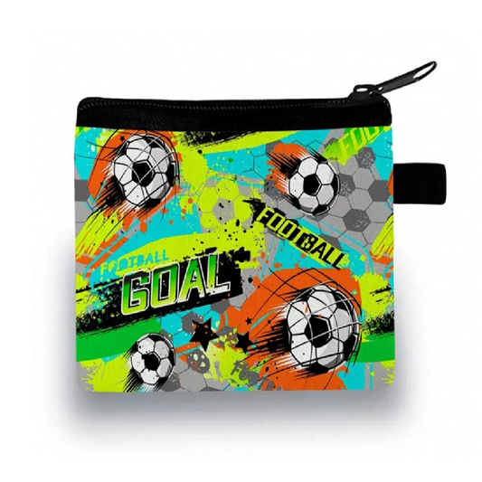 Colorful pouch with soccer ball designs and 'GOAL' text on a white background