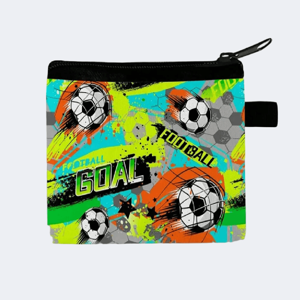 Pouch with soccer ball design and 'FOOTBALL GOAL' text on a colorful background