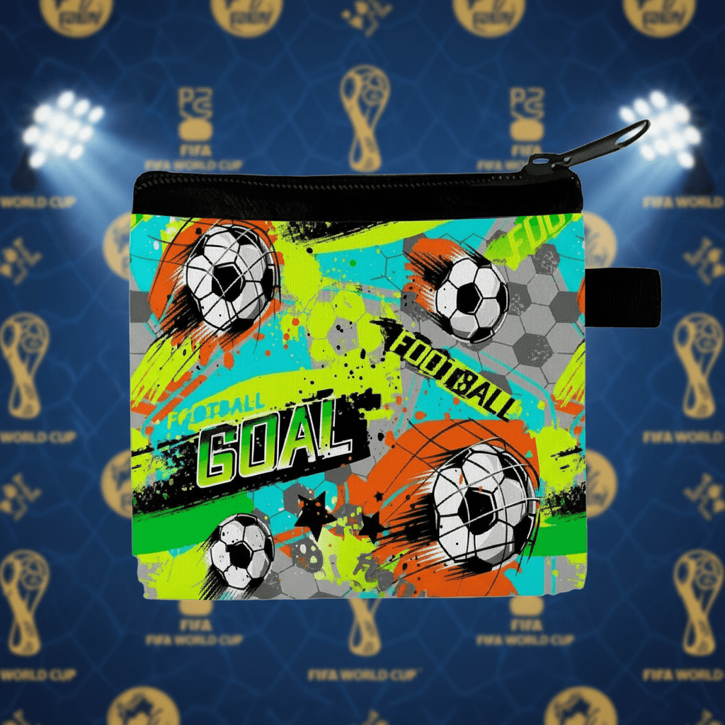Colorful pouch with soccer ball design on a blue background with FIFA World Cup logos.