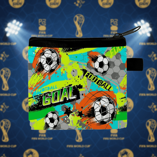 Colorful pouch with soccer ball design on a blue background with FIFA World Cup logos.