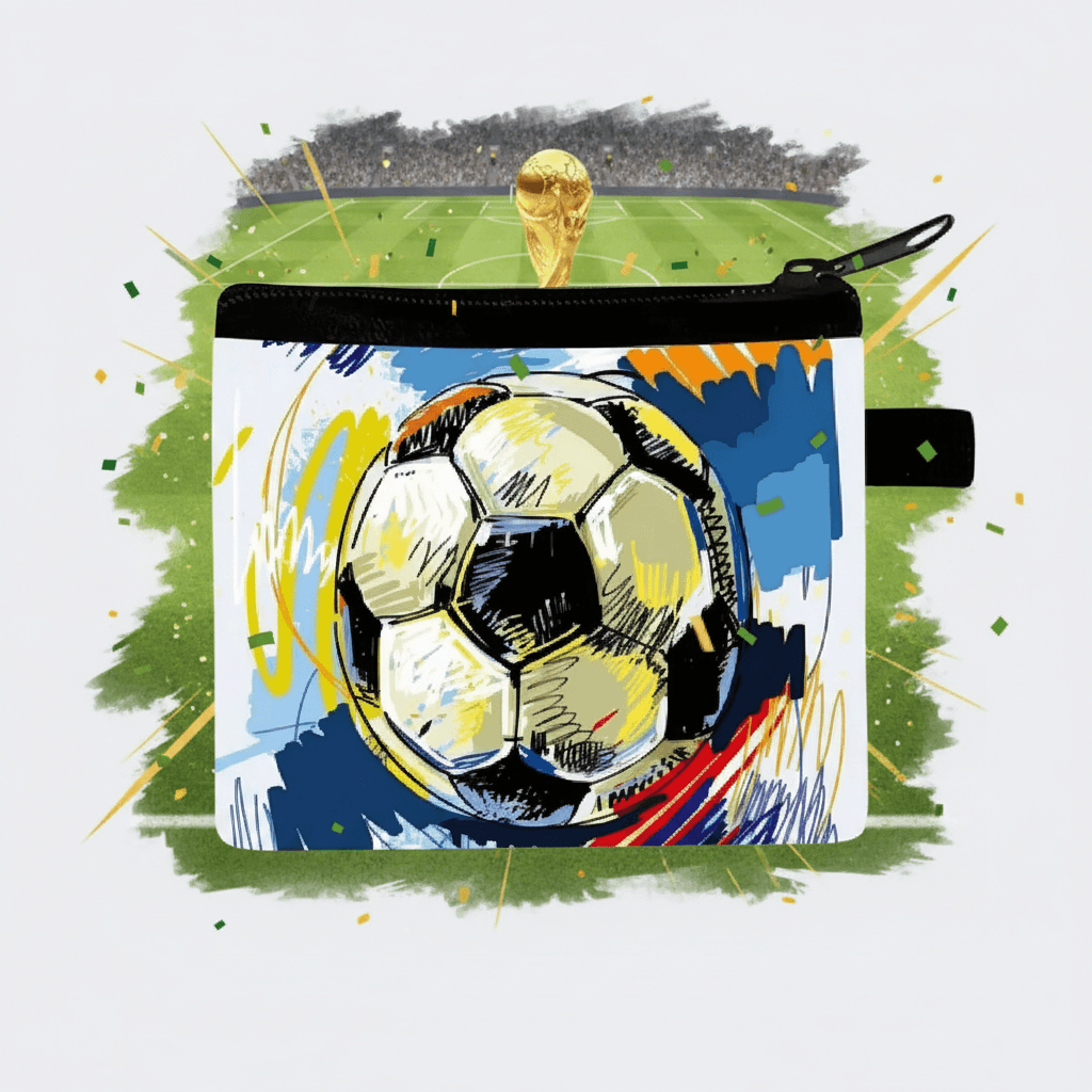 Small pouch with a soccer ball design on a colorful background