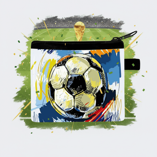 Small pouch with a soccer ball design on a colorful background