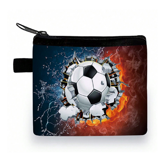 Coin purse with a soccer ball design on a blue, red, and white background