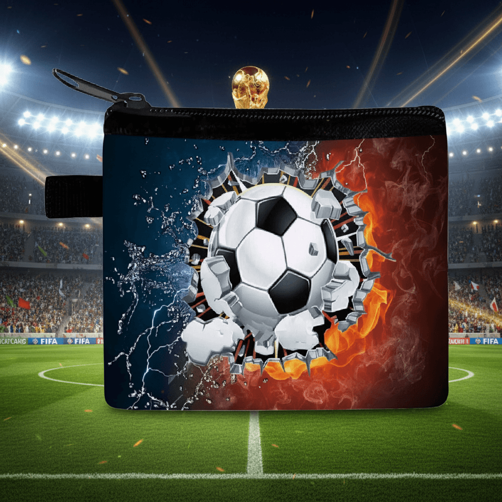 Soccer-themed pouch with a soccer ball design on a stadium background