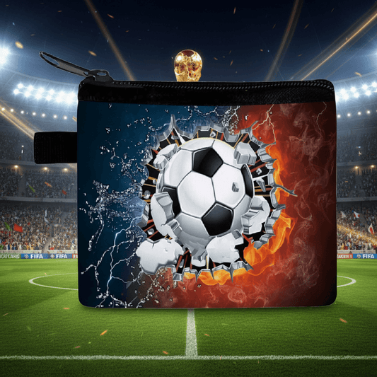 Soccer-themed pouch with a soccer ball design on a stadium background