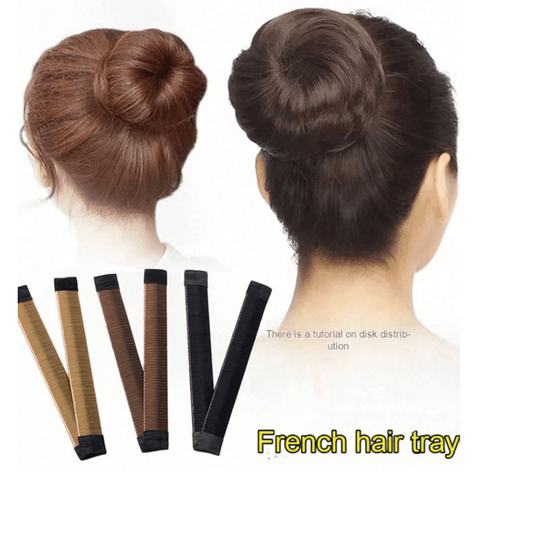 French hair tray with mannequin heads showing hairstyles and hair extensions on a white background.