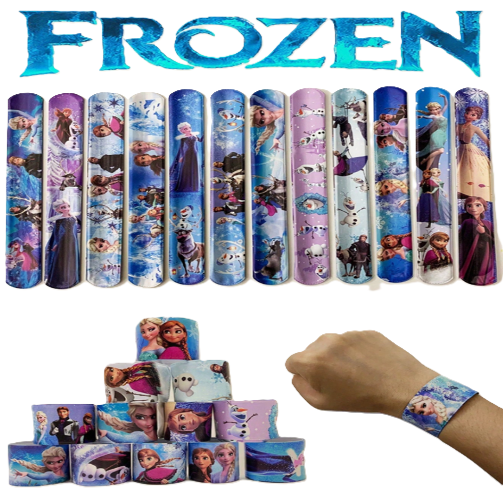 Set of Frozen-themed wristbands with characters displayed with a hand wearing one.