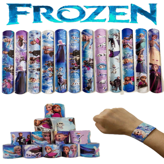 Set of Frozen-themed wristbands with characters displayed with a hand wearing one.