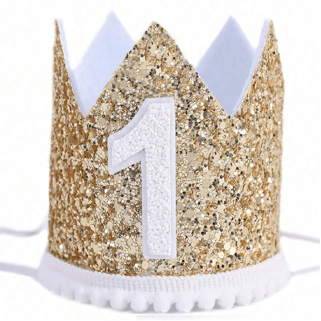 Gold glitter crown with number '1' on a white background