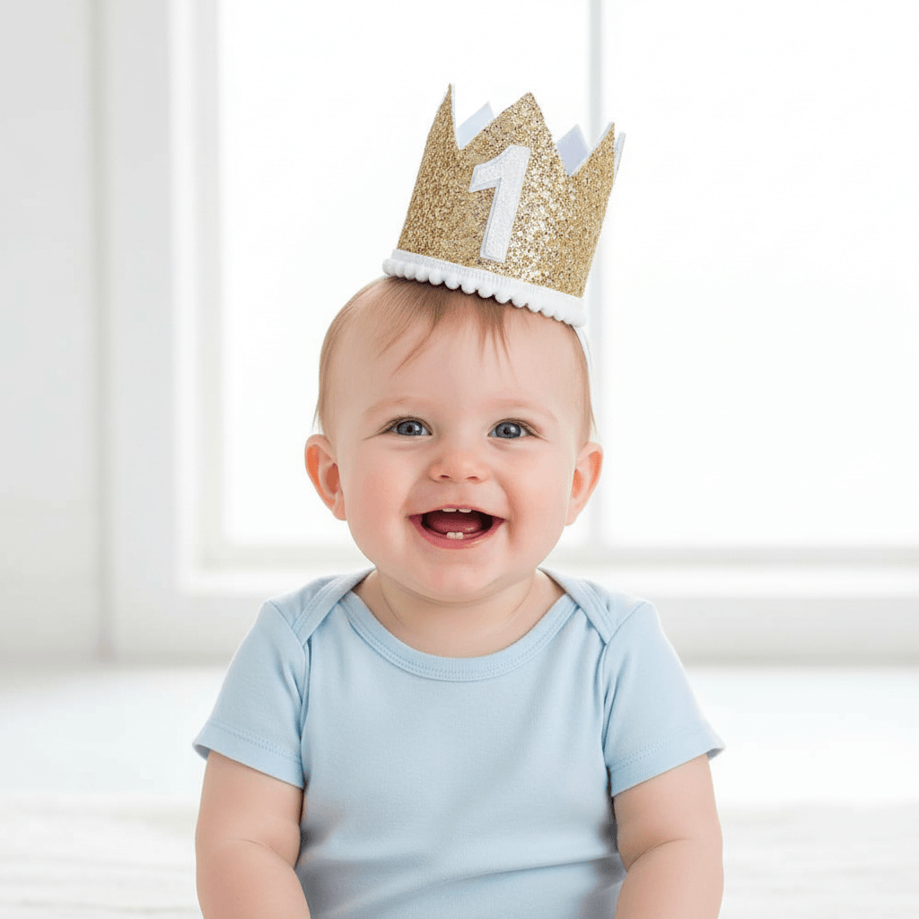 Gold glitter crown with number '1' on a white background