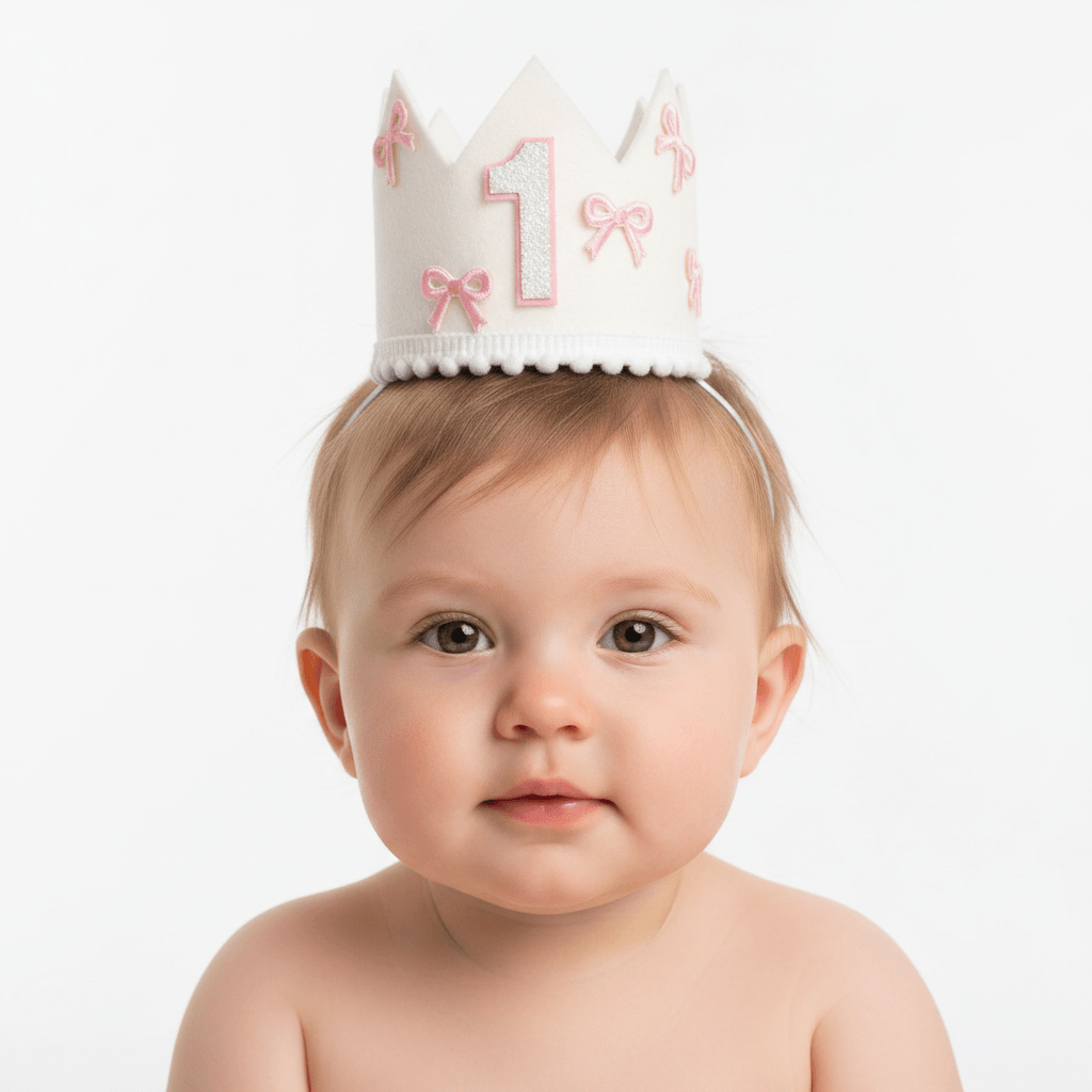 White birthday crown with pink number '1' and bows on a white background
