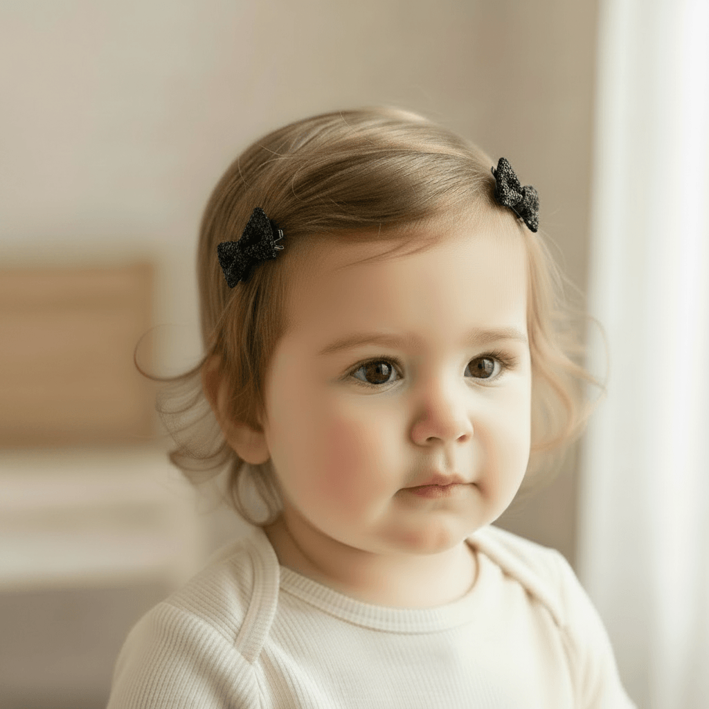 A close-up portrait of a young child wearing two small black bow hair clips on light brown hair, dressed in a cream ribbed top against a soft, warm indoor background.
